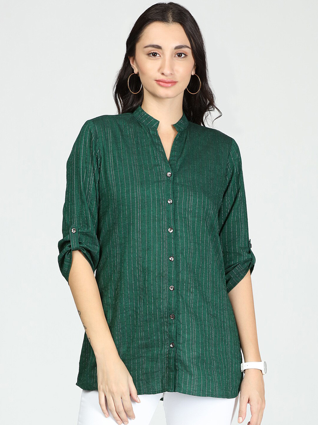 

IDK Green Roll-Up Sleeves Pure Cotton Shirt Style Top