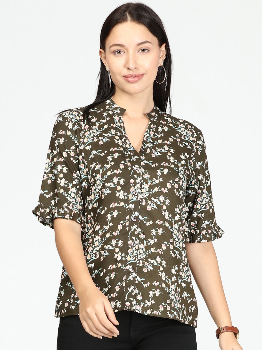 

IDK Olive Green Floral Print Mandarin Collar Top