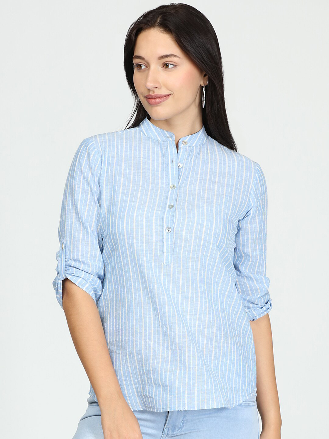 

IDK Blue Striped Roll-Up Sleeves Cotton Shirt Style Top