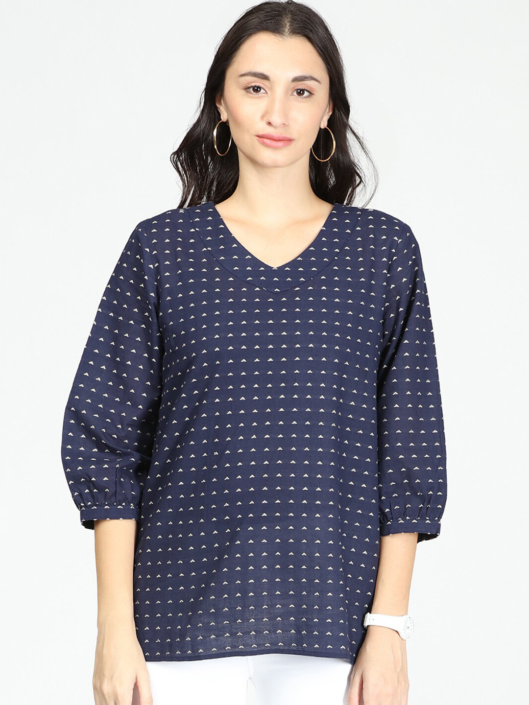 

IDK Women Blue Pure Cotton Printed Top