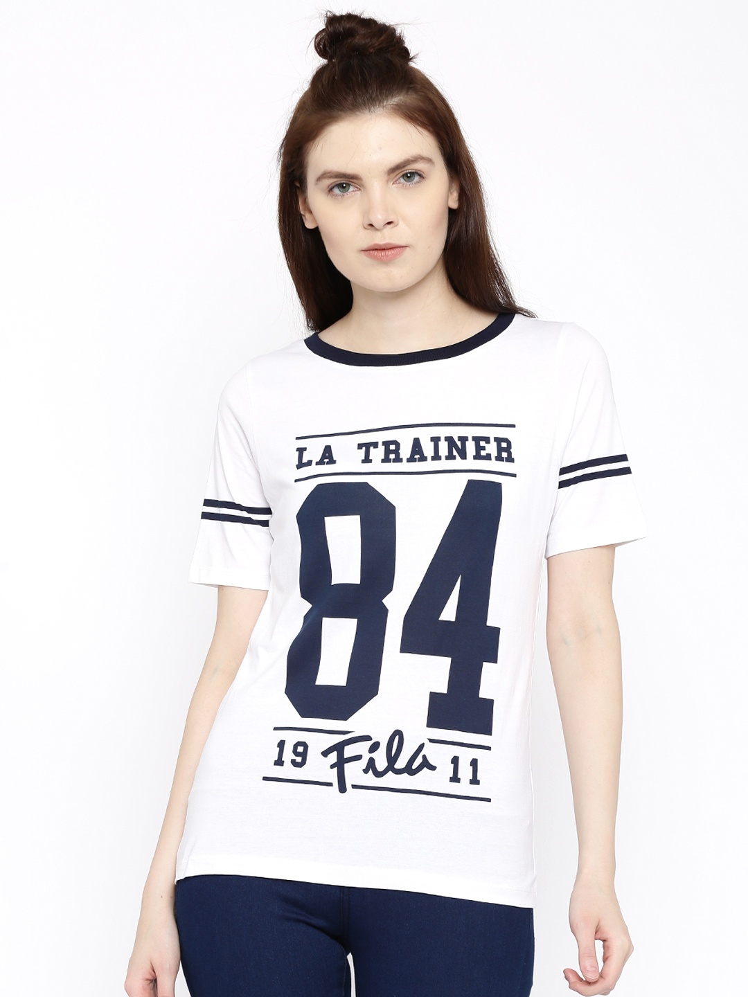 

FILA Women White Navy Slim fit Printed Pure Cotton T-shirt