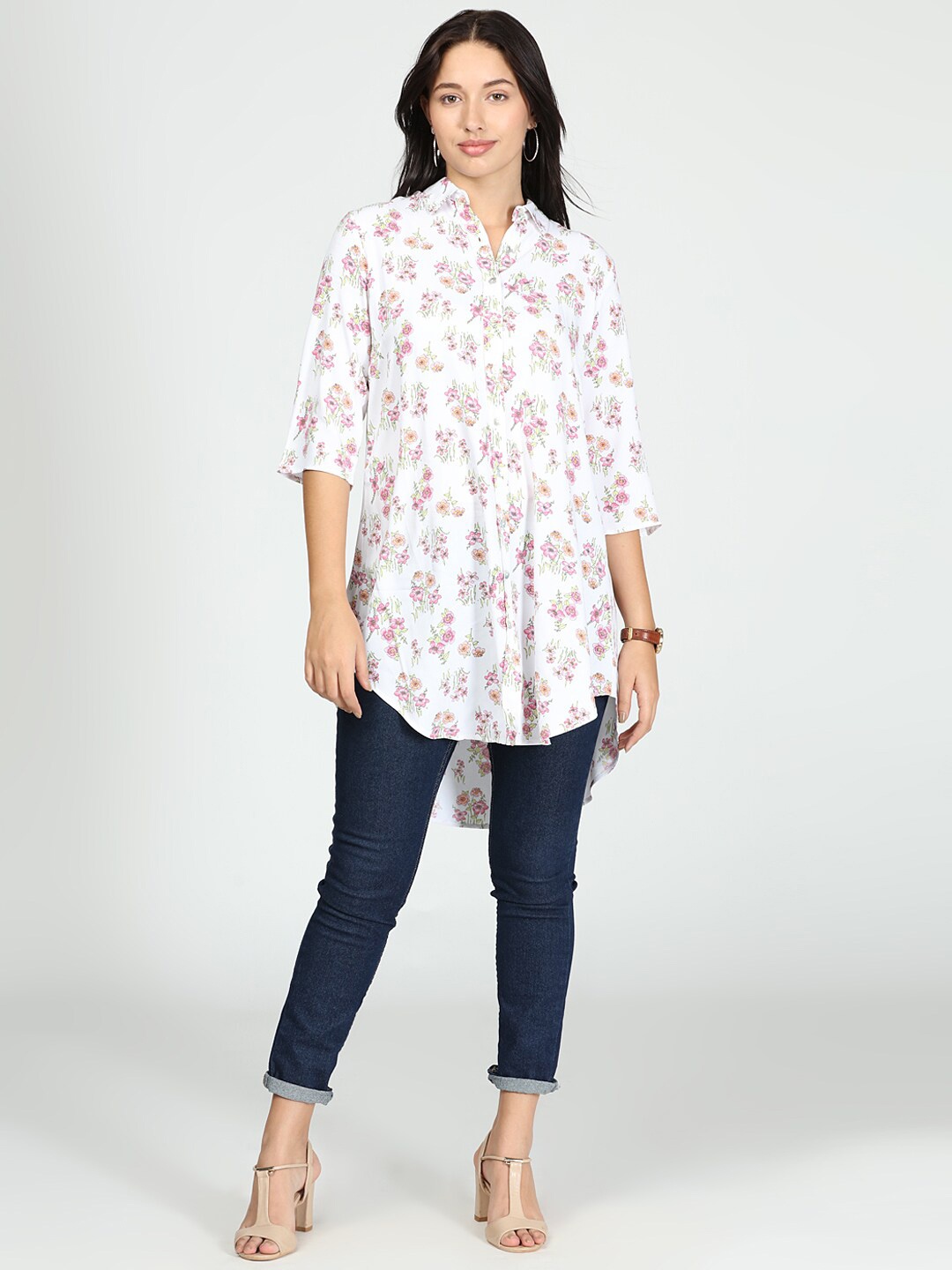 

IDK White Floral Print Mandarin Collar High-Low Longline Top