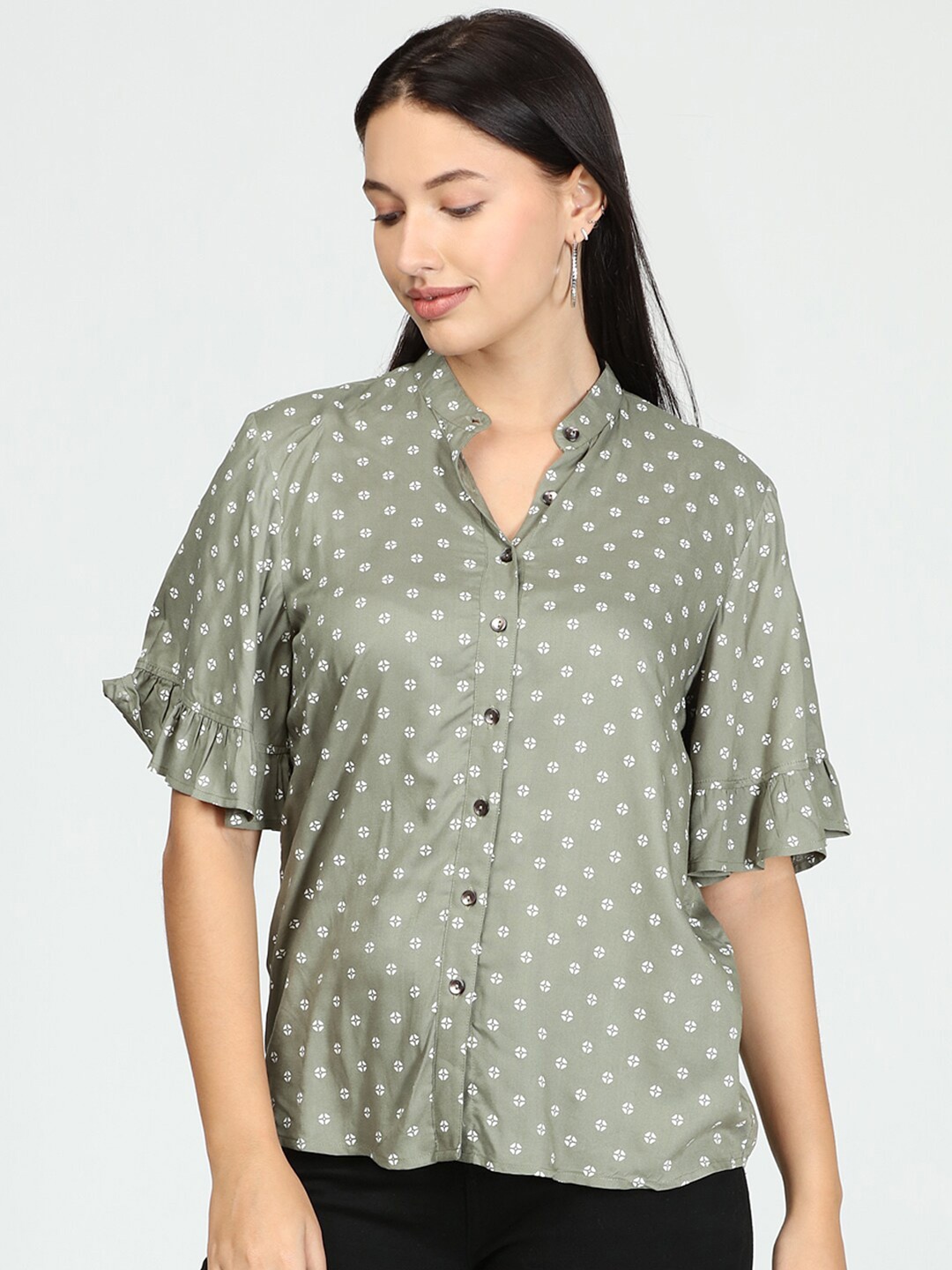 

IDK Olive Green Geometric Print Mandarin Collar Shirt Style Top