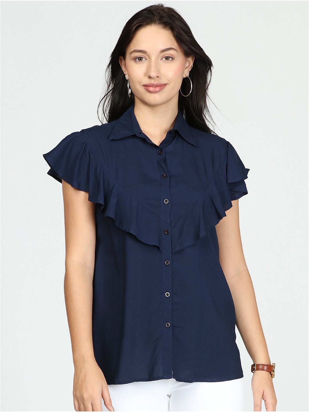 

IDK Blue Flutter Sleeves Shirt Style Top, Navy blue