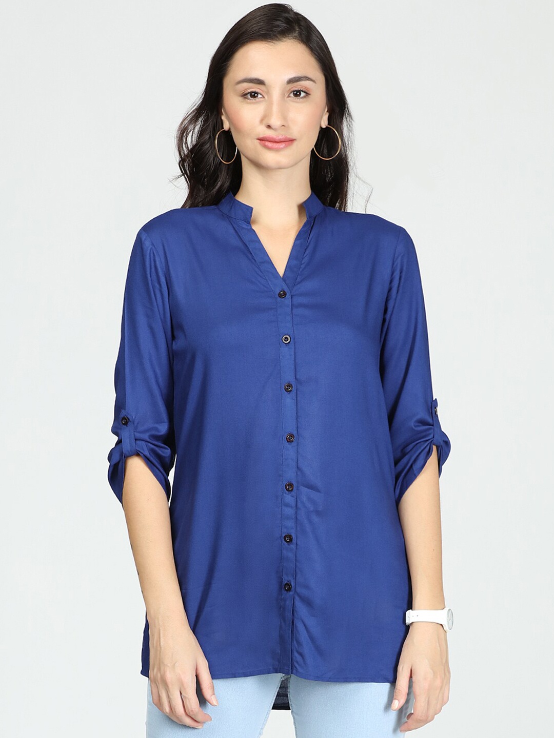 

IDK Blue Mandarin Collar Roll-Up Sleeves Shirt Style Top