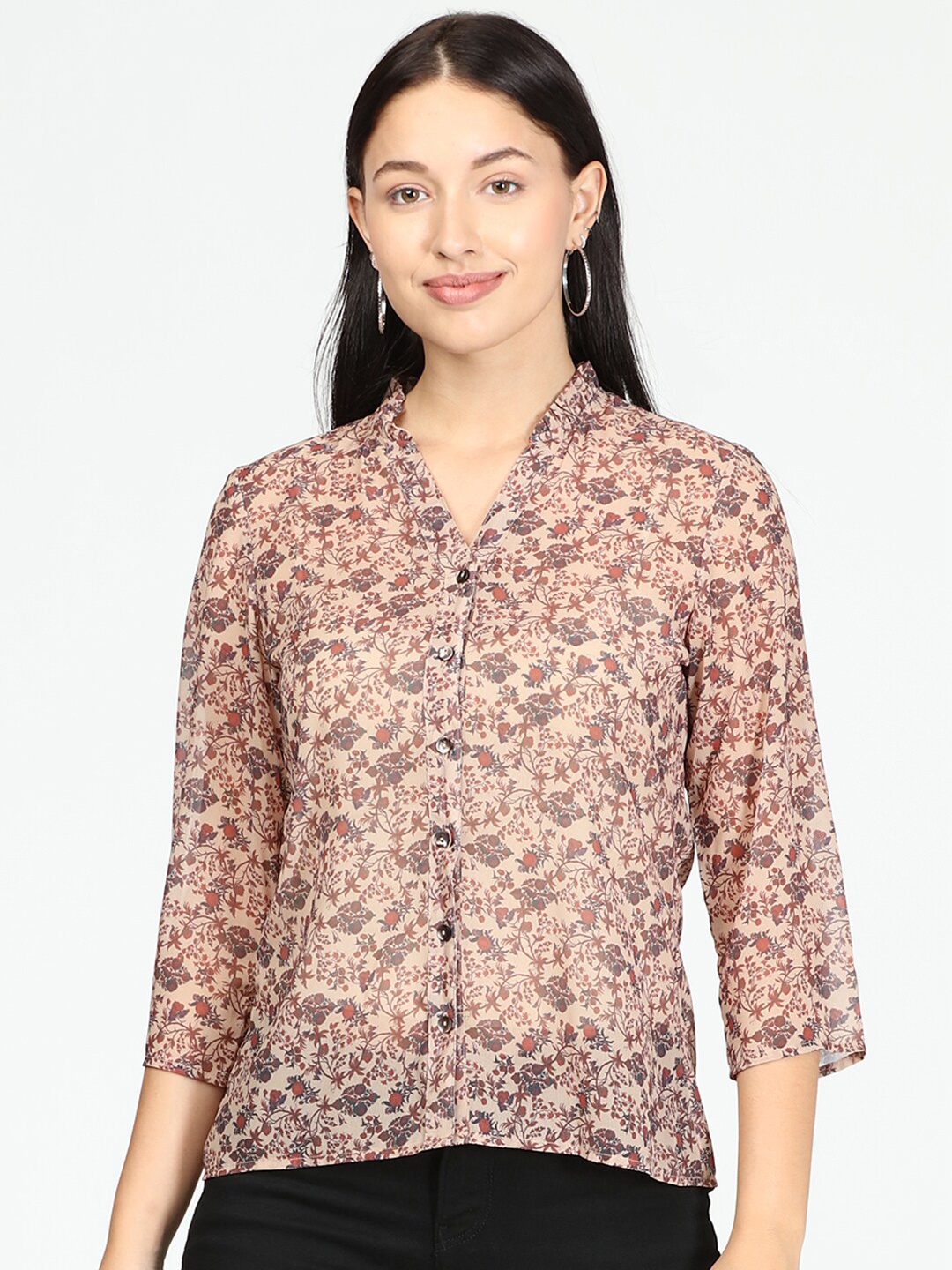 

IDK Beige Animal Print Mandarin Collar Top