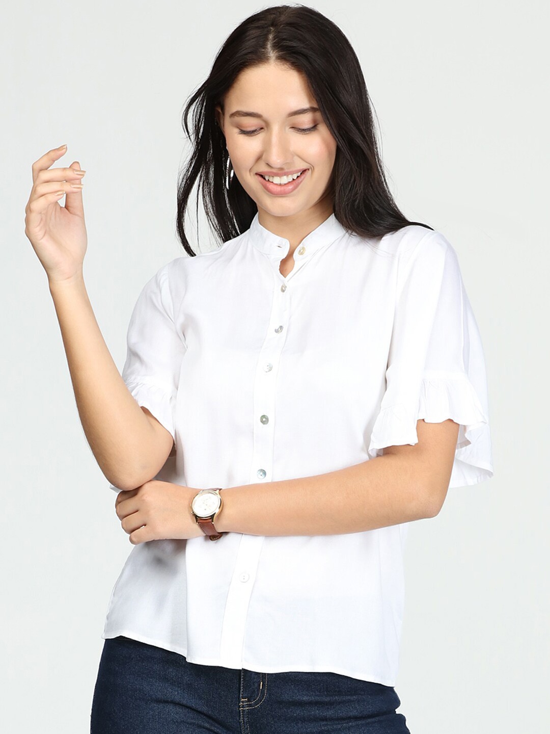 

IDK White Mandarin Collar Shirt Style Top