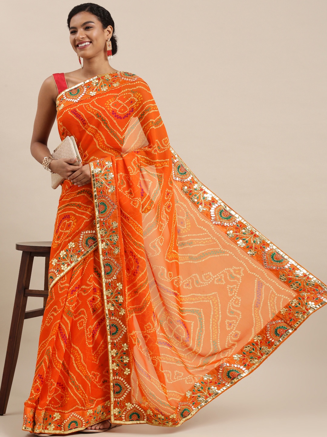 

Mitera Orange Printed Gotta Patti Bandhani Saree