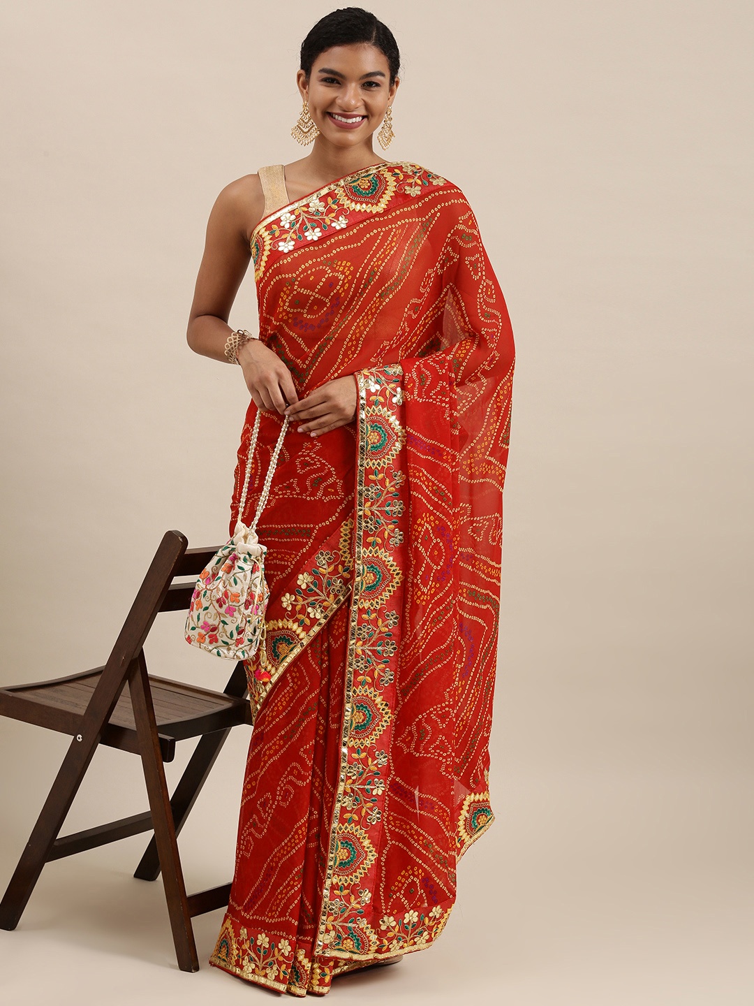 

Mitera Red Printed Gotta Patti Bandhani Saree