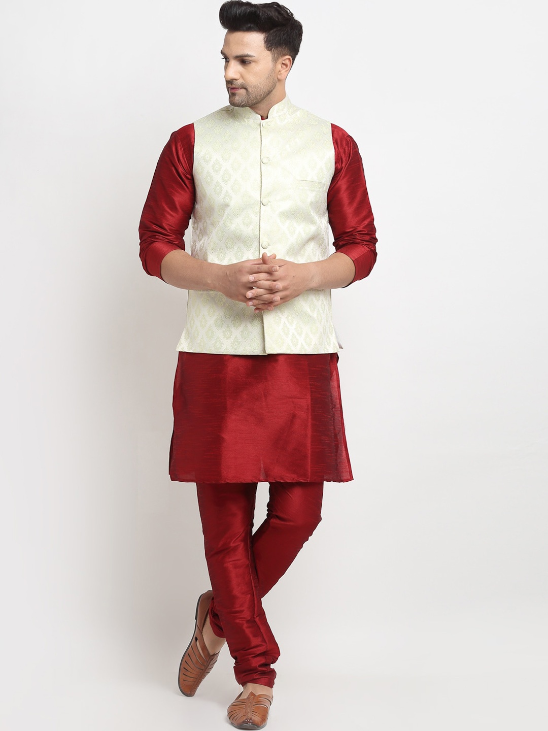 

Kaifoo Beige Layered Kurta with Churidar & Nehru Jacket