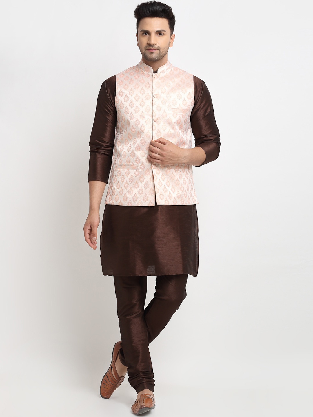 

Kaifoo Men Beige Kurta with Churidar & Nehru Jacket