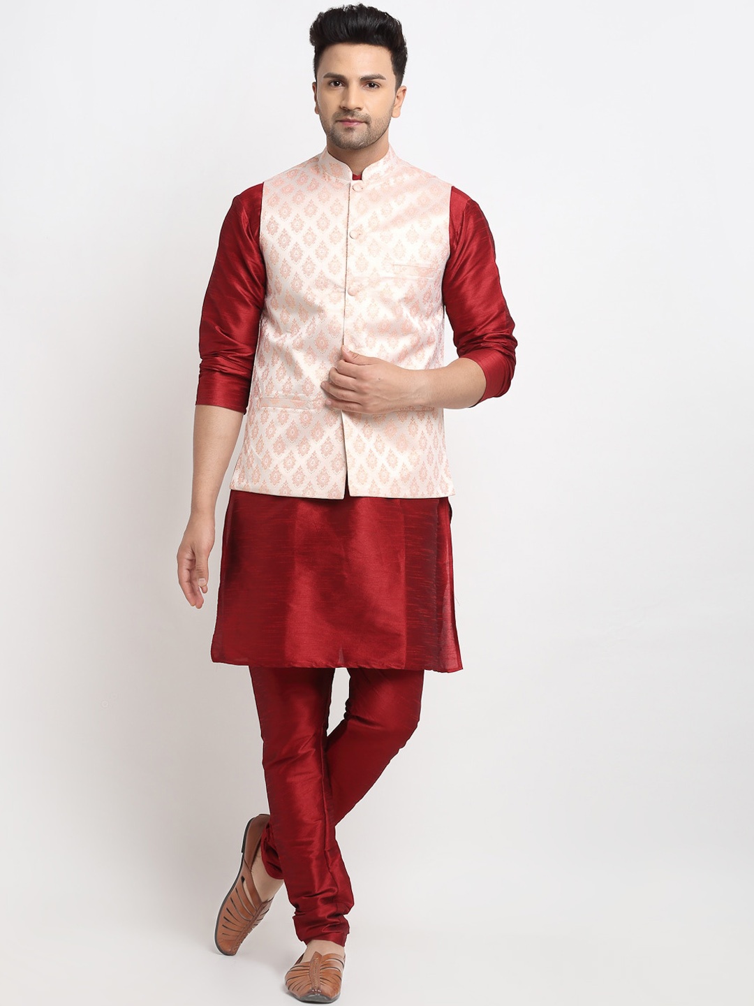 

Kaifoo Men Beige Kurta with Churidar & Nehru Jacket