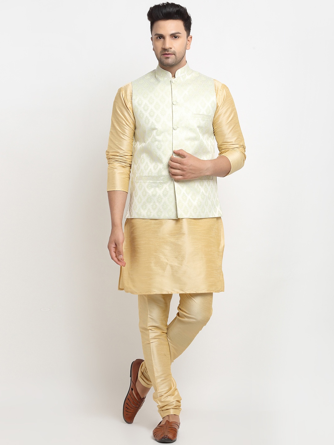 

Kaifoo Men Multicoloured Layered Kurta with Churidar & Nehru Jacket, Multi