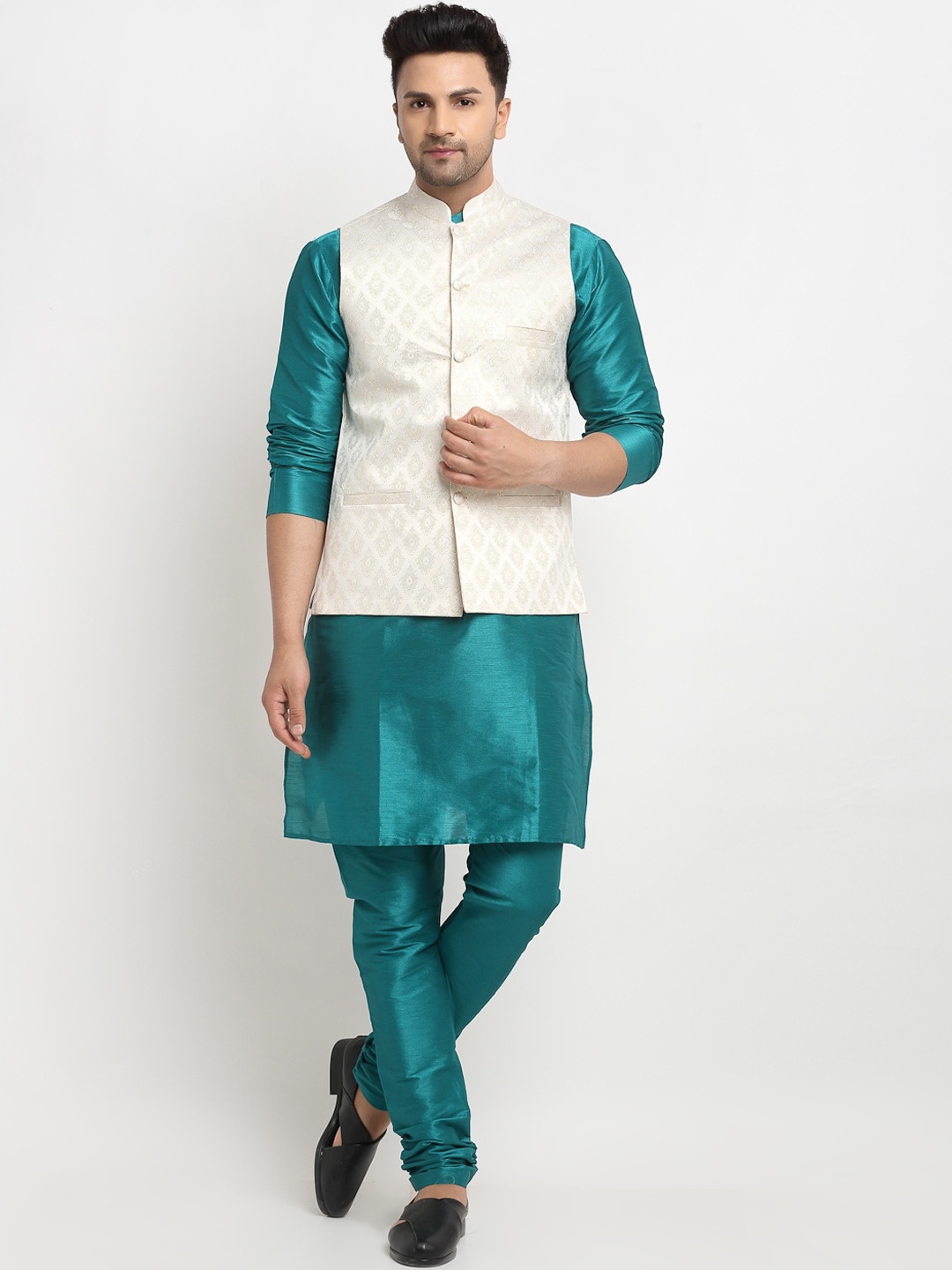 

Kaifoo Men Beige Kurta with Churidar & Nehru Jacket