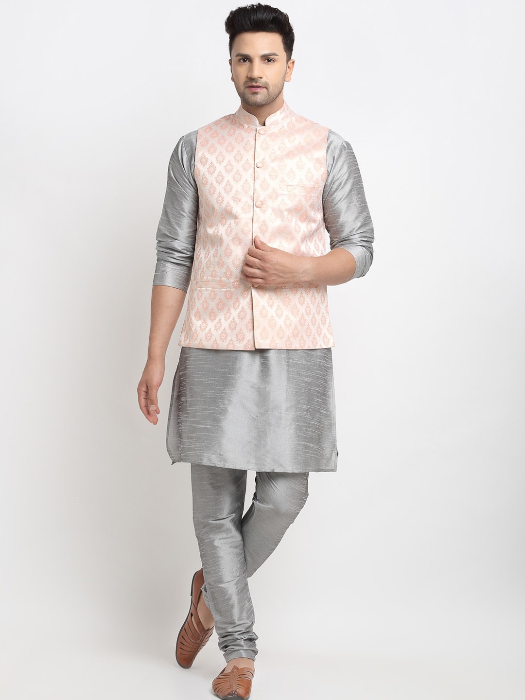 

Kaifoo Men Multicoloured Kurta with Churidar & Nehru Jacket, Multi