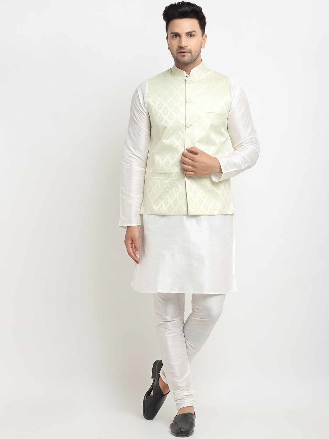 

Kaifoo Men Beige Kurta with Churidar & Nehru Jacket