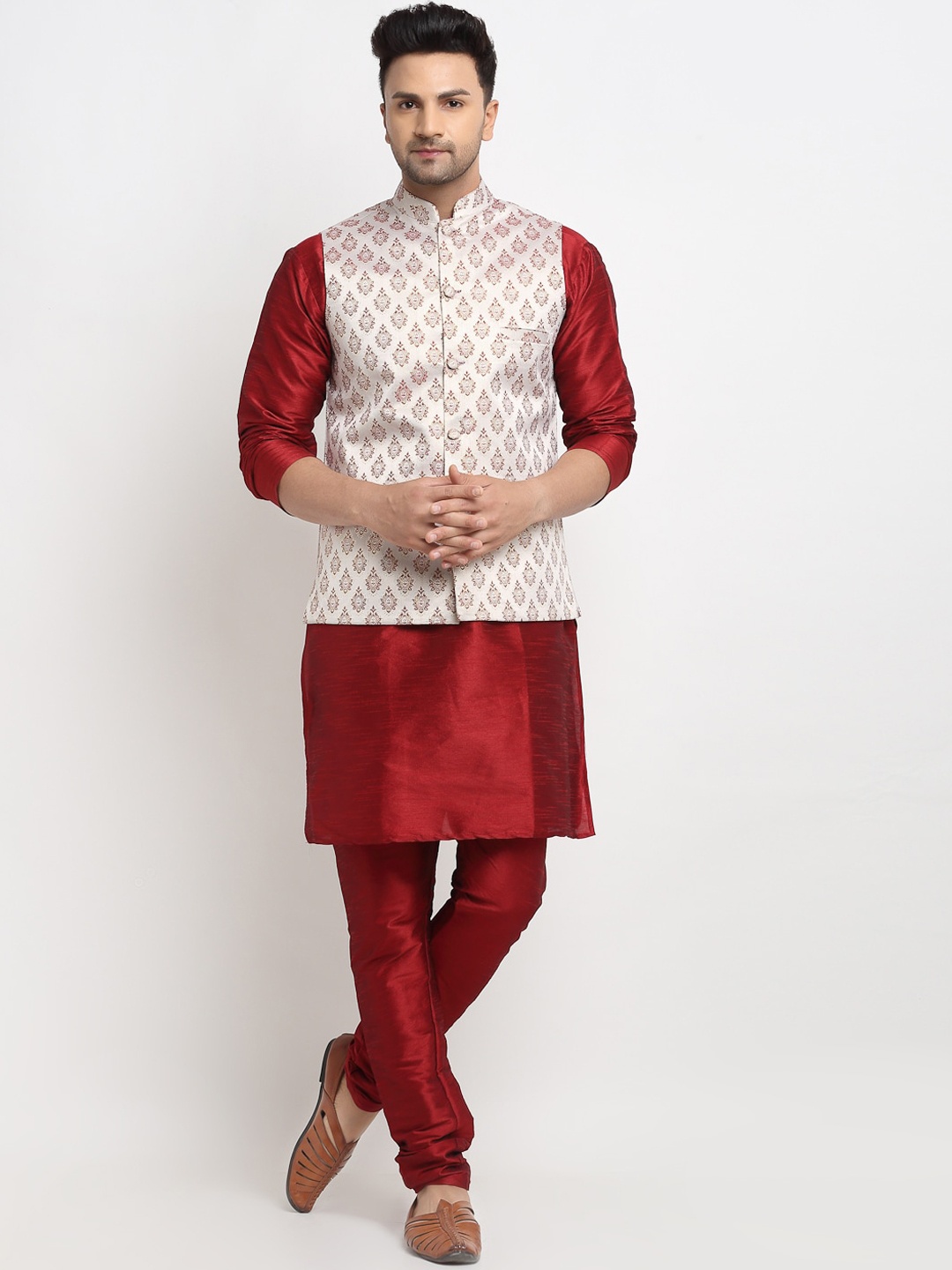 

Kaifoo Men Beige Kurta with Churidar & Nehru Jacket