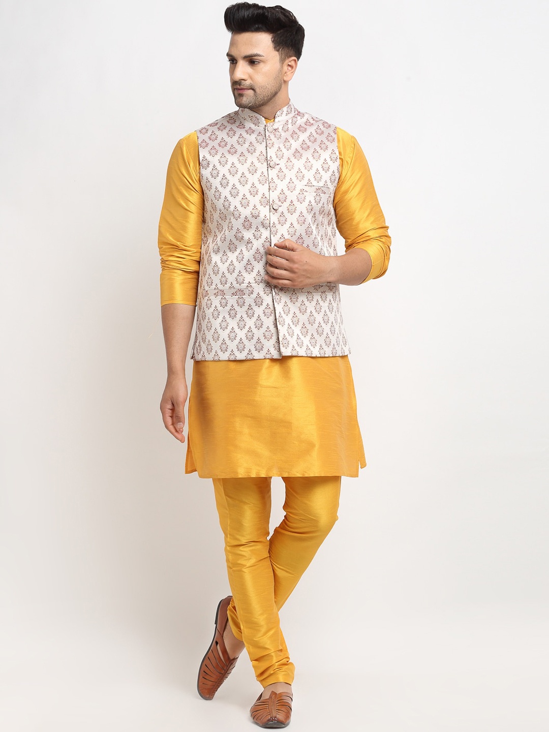 

Kaifoo Men Beige Kurta with Churidar & Nehru Jacket