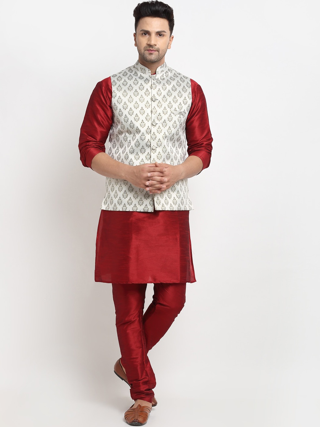 

Kaifoo Men Beige Kurta with Churidar & Nehru Jacket