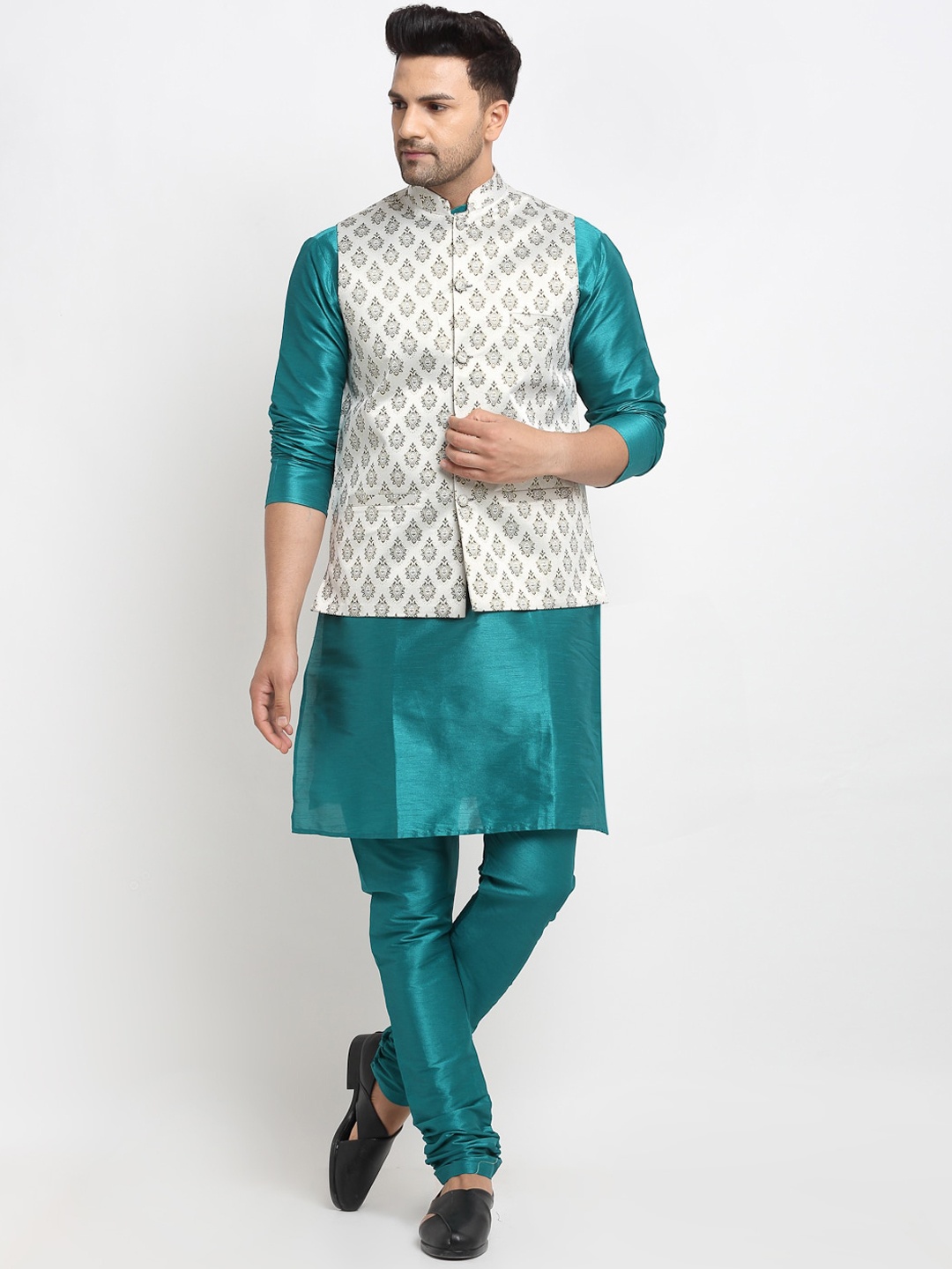 

Kaifoo Men Teal & White Kurta with Churidar With Nehru Jacket.