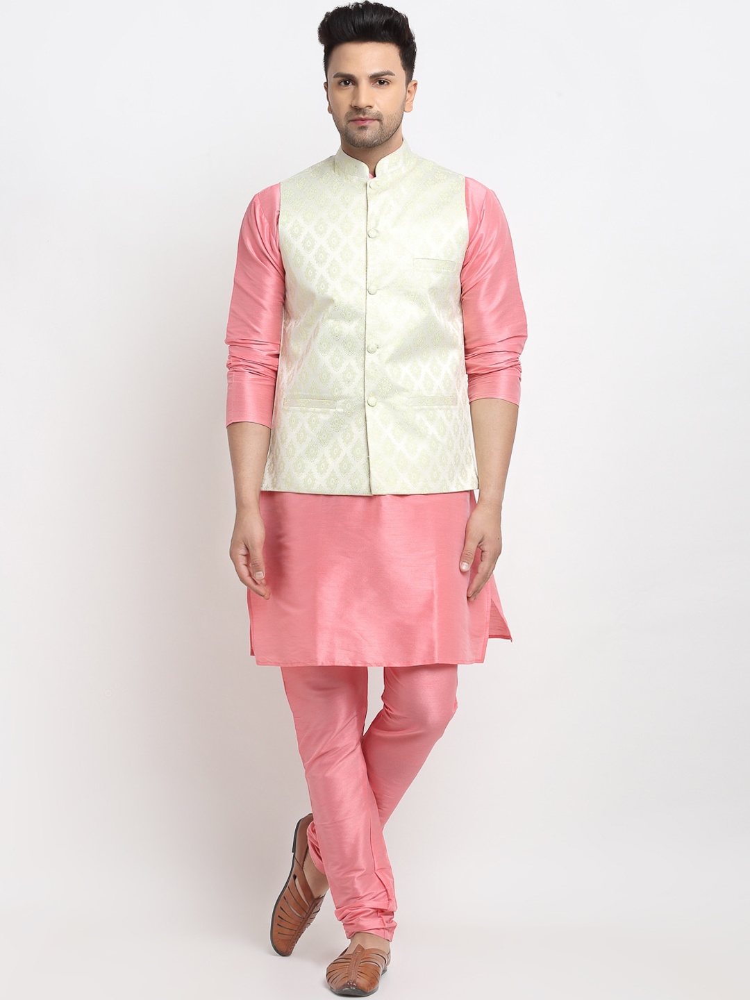 

Kaifoo Men Multicoloured Kurta with Churidar & Nehru Jacket, Multi