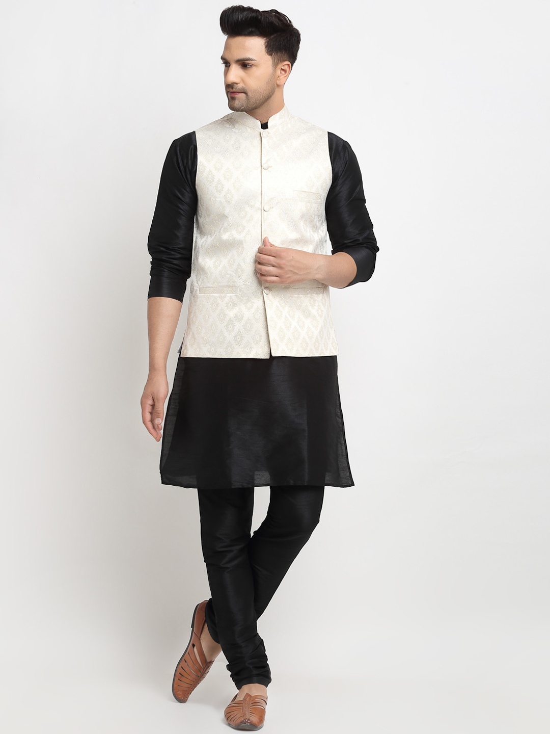 

Kaifoo Men Beige Kurta with Churidar & Nehru Jacket