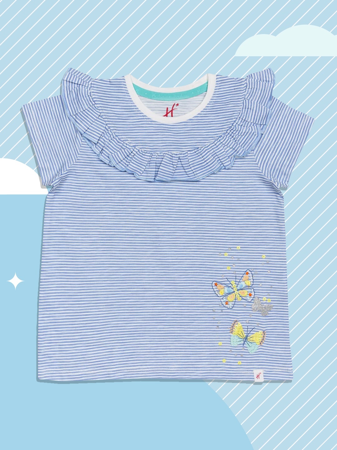 

H By Hamleys Girls Blue Striped Ruffles Detail Pure Cotton Top