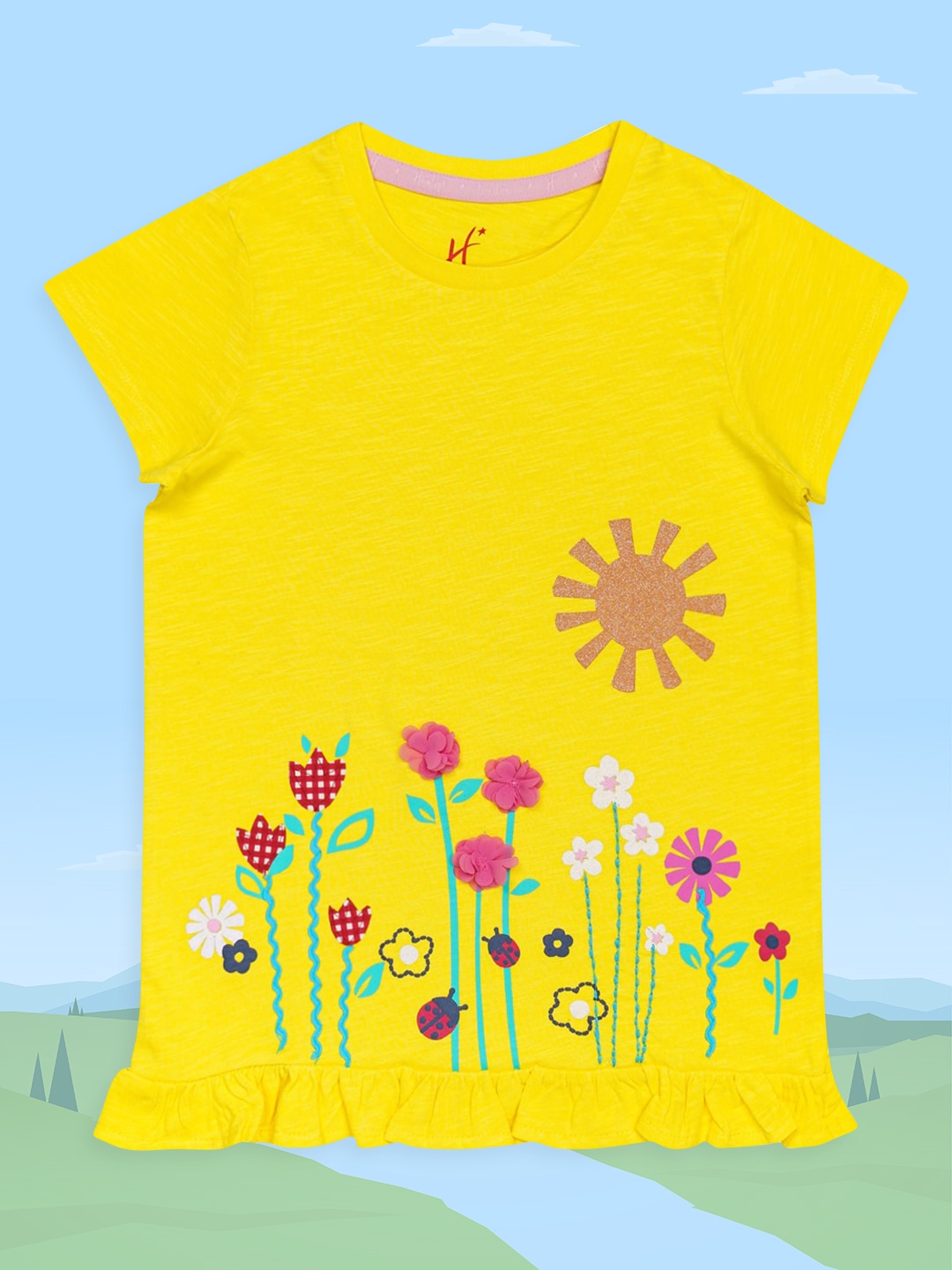 

H By Hamleys Yellow Print Applique Pure Cotton Peplum Top
