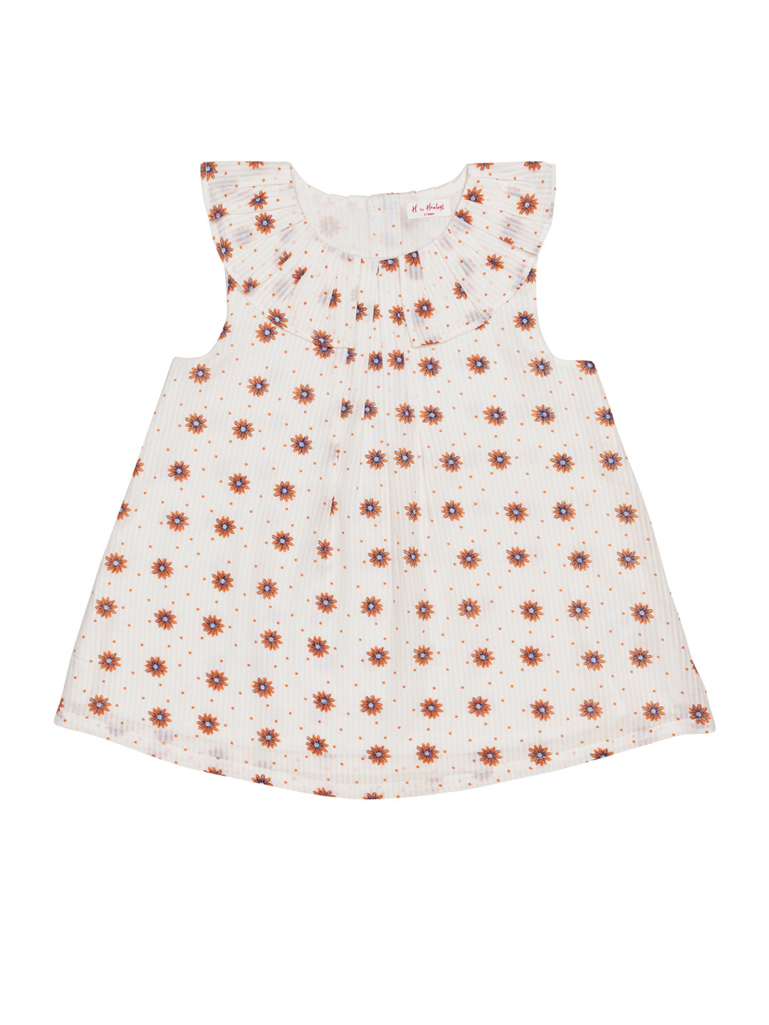 

H By Hamleys Girls White & Orange Floral Print Gathered or Pleated Pure Cotton A-Line Top