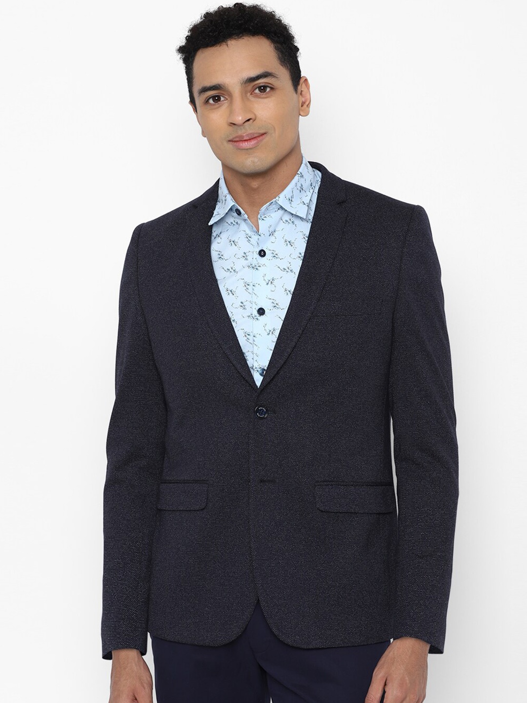 

Allen Solly Men Navy Blue Self Design Slim-Fit Single Breasted Formal Blazer