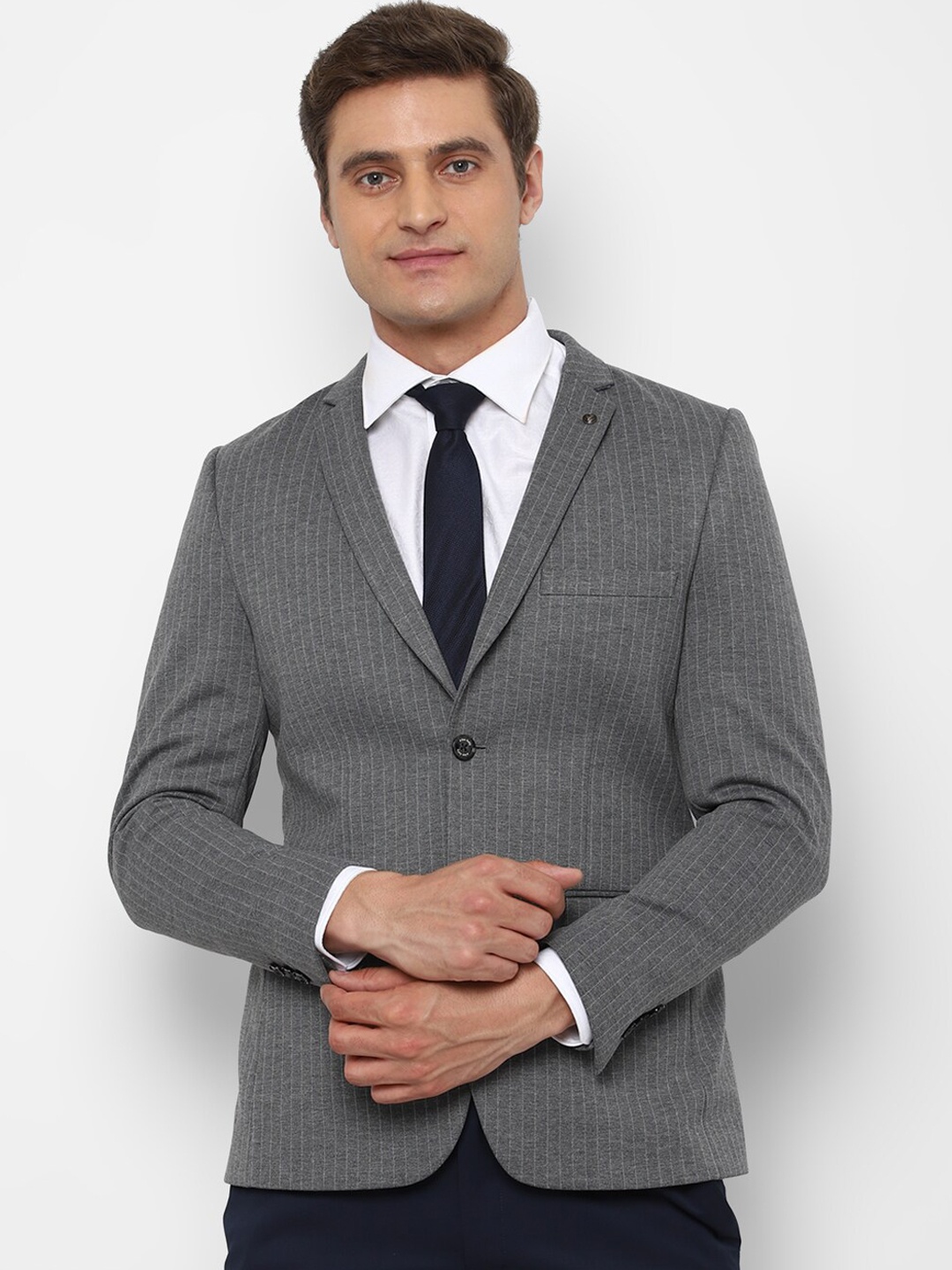 

Allen Solly Men Grey Striped Slim Fit Single-Breasted Blazer