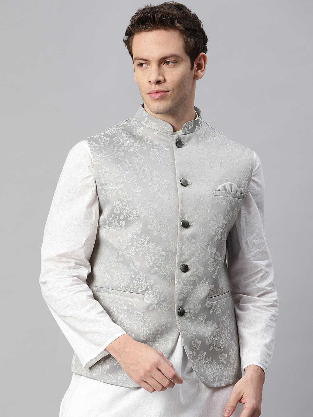 

ESSAS club Men Grey & Silver Floral Self Design Nehru Jacket with Pocket Square