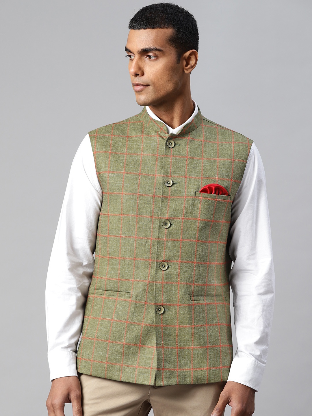 

ESSAS club Men Green & Red Self-Checks Nehru Jacket with Pocket Square