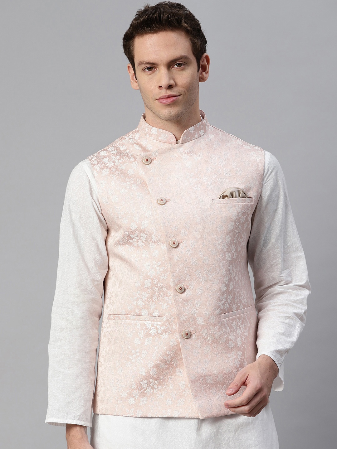 

ESSAS club Men Peach & Silver Floral Self Design Nehru Jacket with Pocket Square