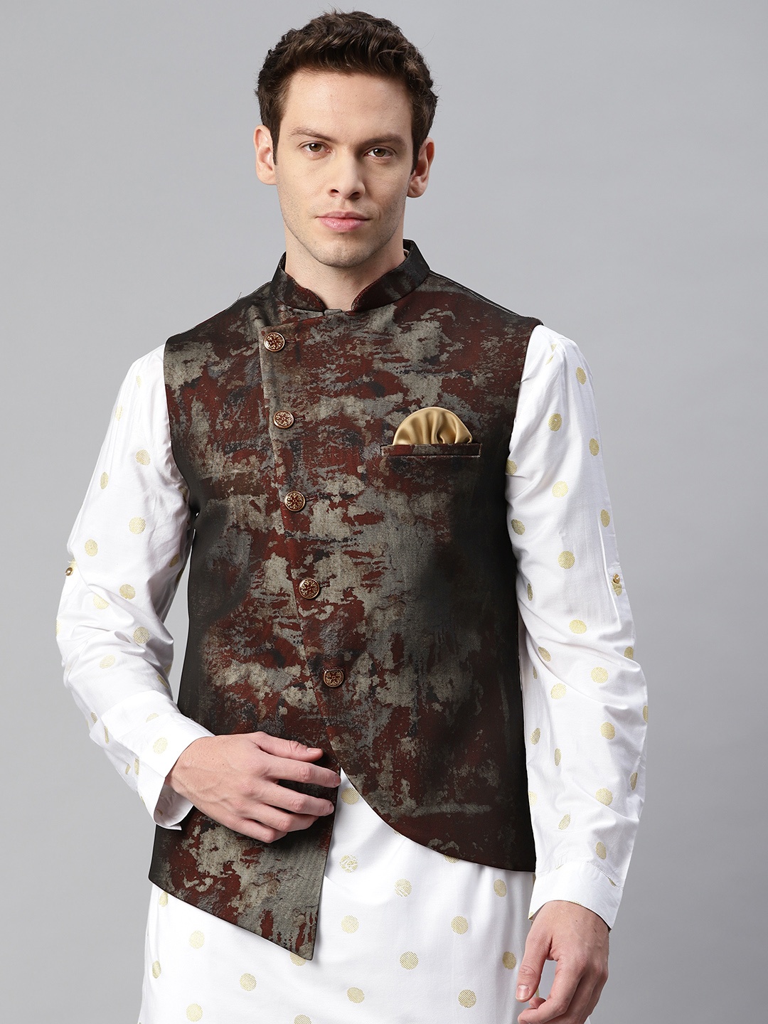 

ESSAS club Maroon Netted Nehru Jacket With Golden Splash Print