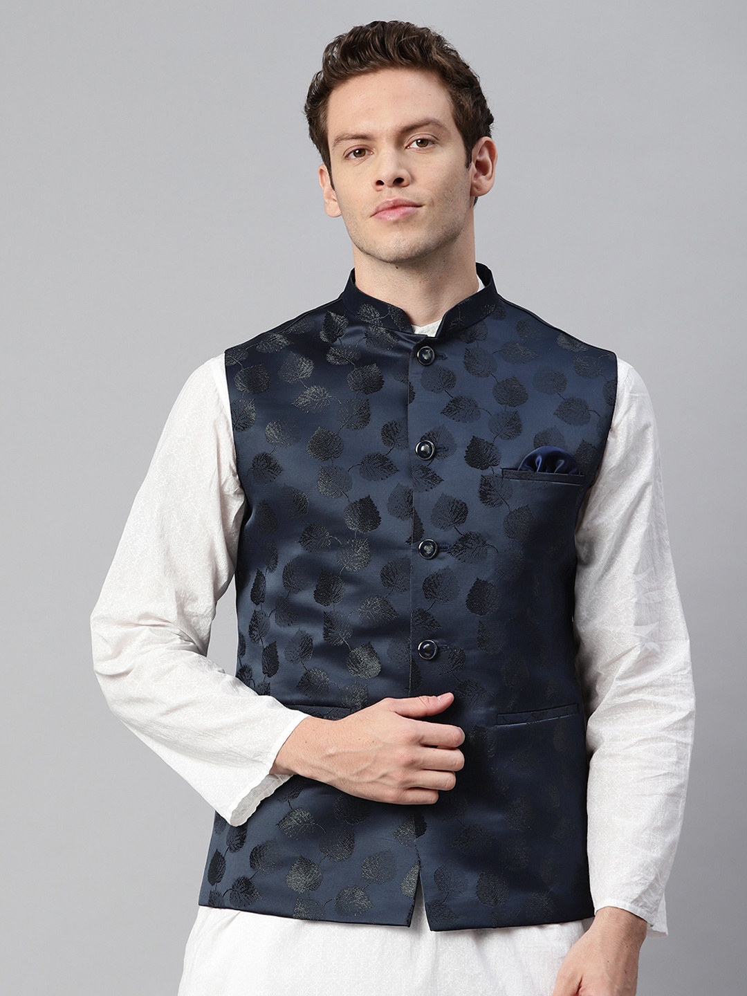 

ESSAS club Men Navy Blue Jacquard Nehru Jacket With Leaf Pattern