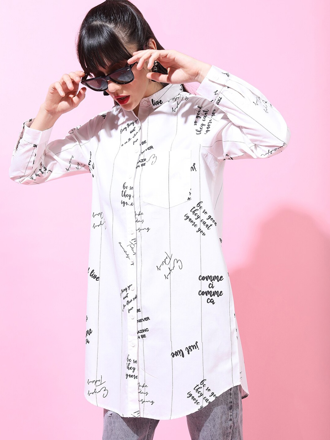 

Tokyo Talkies Women White Printed Casual Longline Shirt