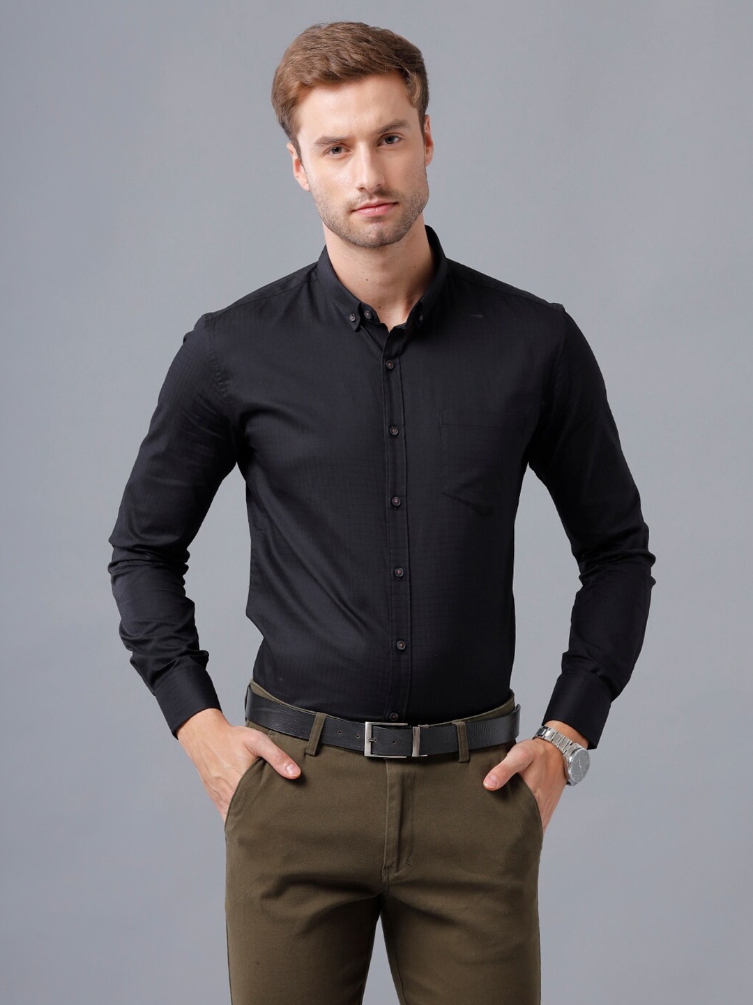 

YOVISH Men Black Smart Slim Fit Cotton Semiformal Shirt