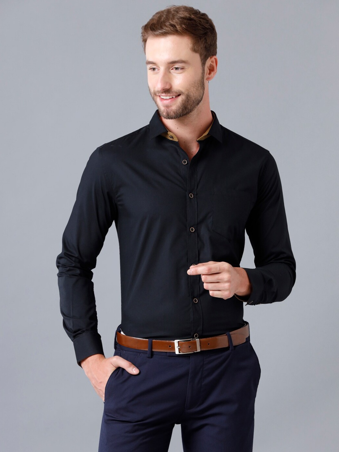 

YOVISH Men Black Smart Slim Fit Cotton Semiformal Shirt