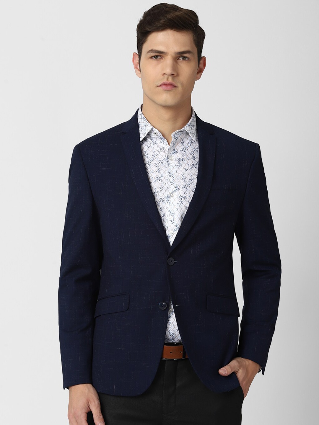 

V Dot Men Navy Blue Printed Slim-Fit Single Breasted Formal Blazer