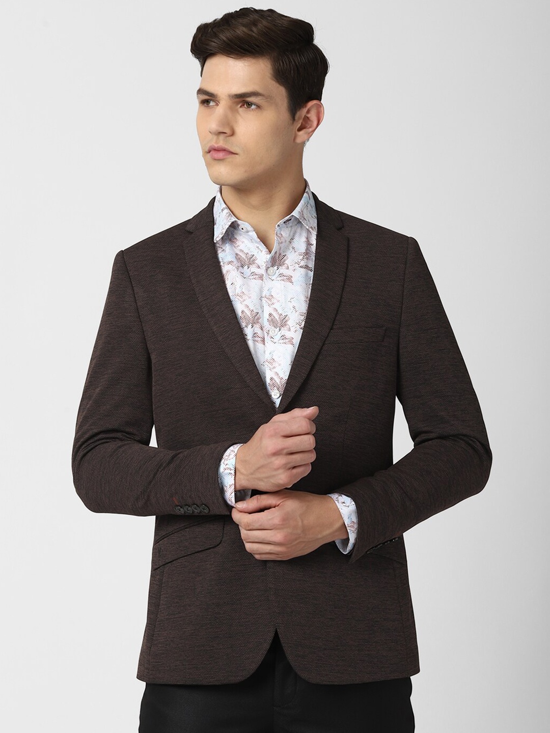 

V Dot By Van Heusen Men Brown Self-Design Single-Breasted Slim-Fit Blazer