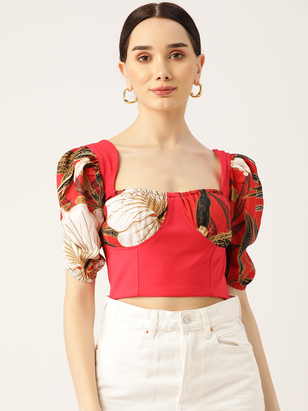 

Ewa Young Red & Off White Floral Print Crepe Crop Top