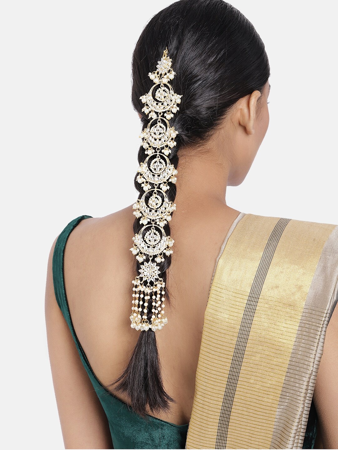 

I Jewels White Gold-Plated Kundan-Studded Beaded Head Chain