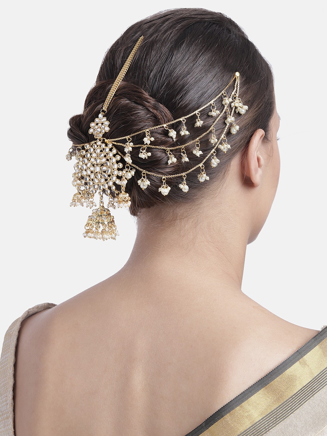

I Jewels White Gold-Plated Kundan-Studded Beaded Matha Patti