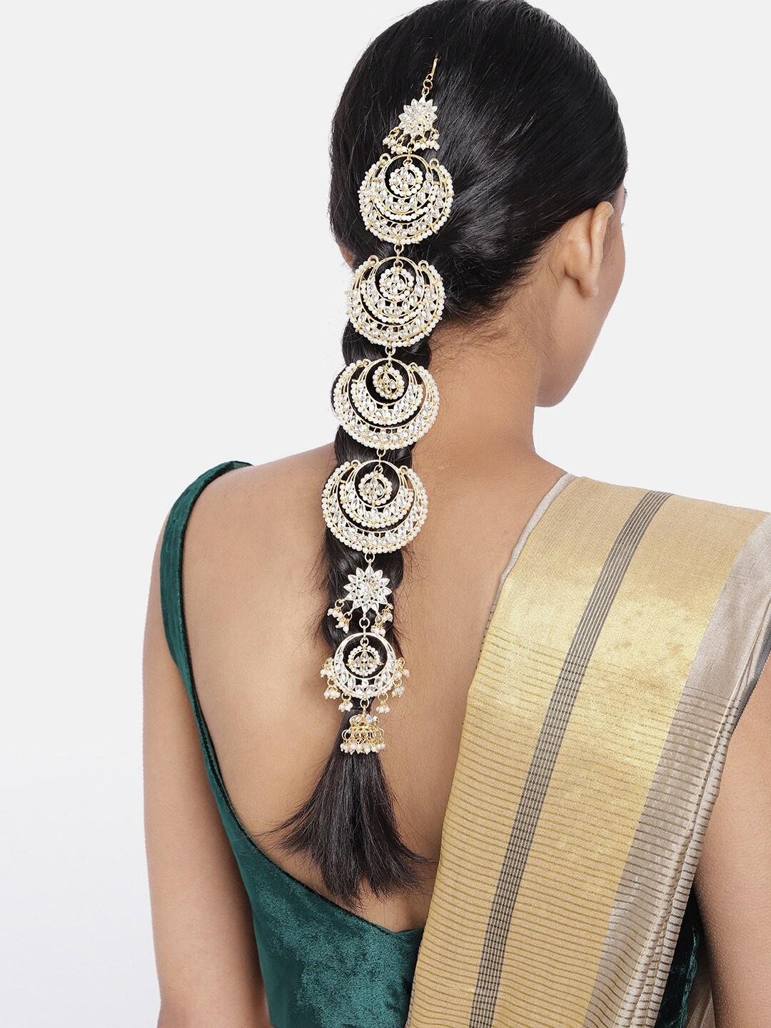 

I Jewels White Gold-Plated Kundan-Studded Beaded Head Chain