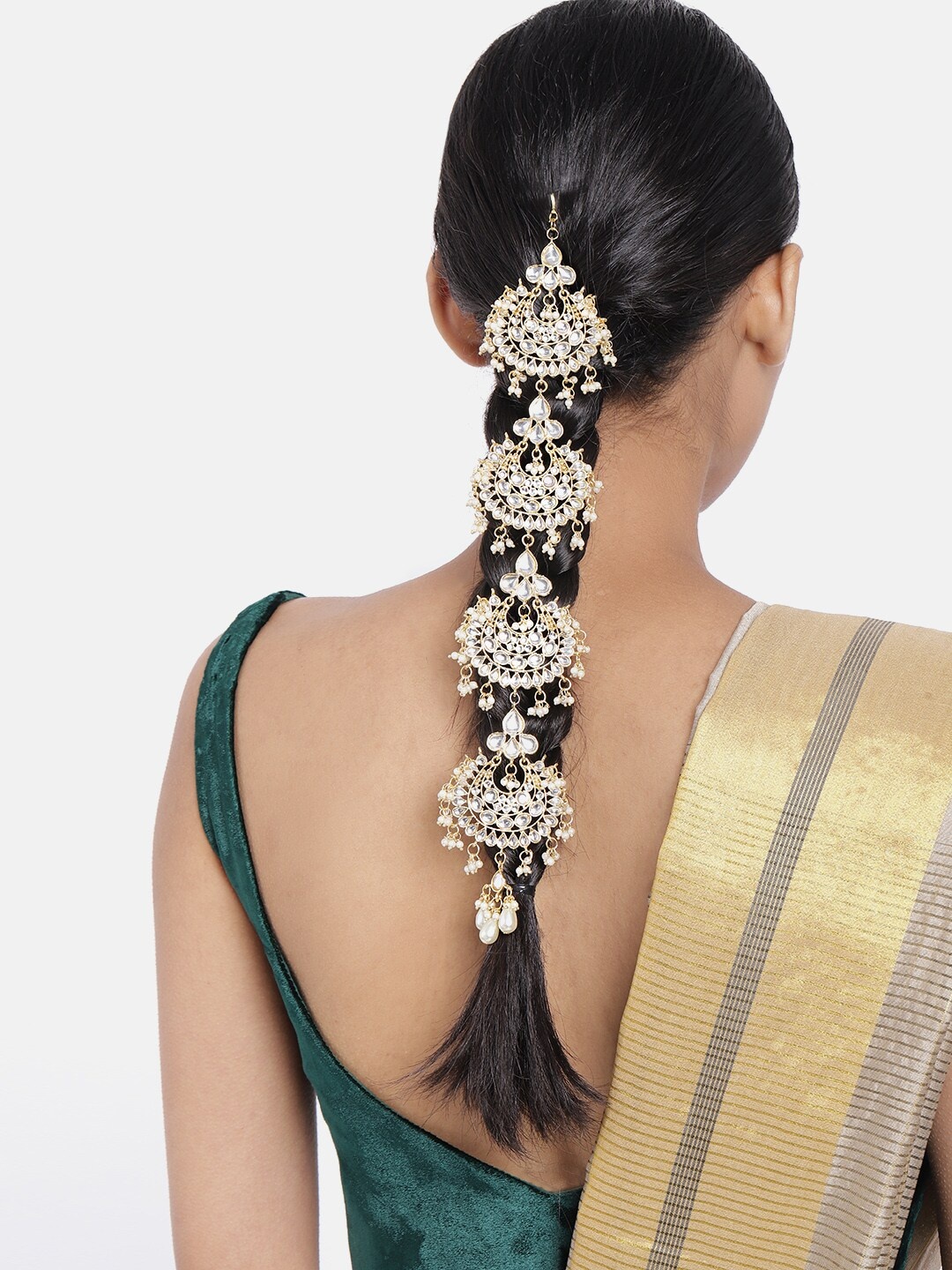 

I Jewels White Gold-Plated Kundan-Studded Beaded Head Chain