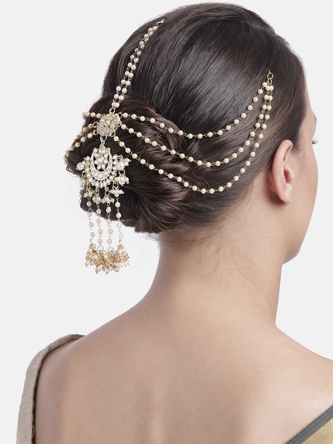 

I Jewels Gold-Plated White Kundan-Studded Multi-Layered Matha Patti