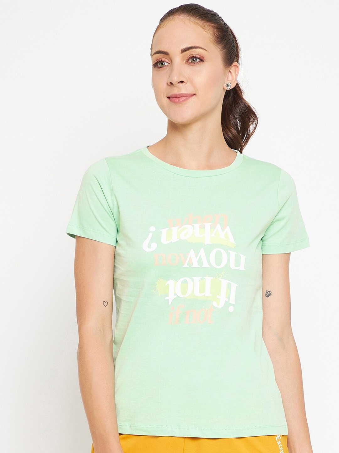 

Madame Women Green Typography Printed Cotton Top