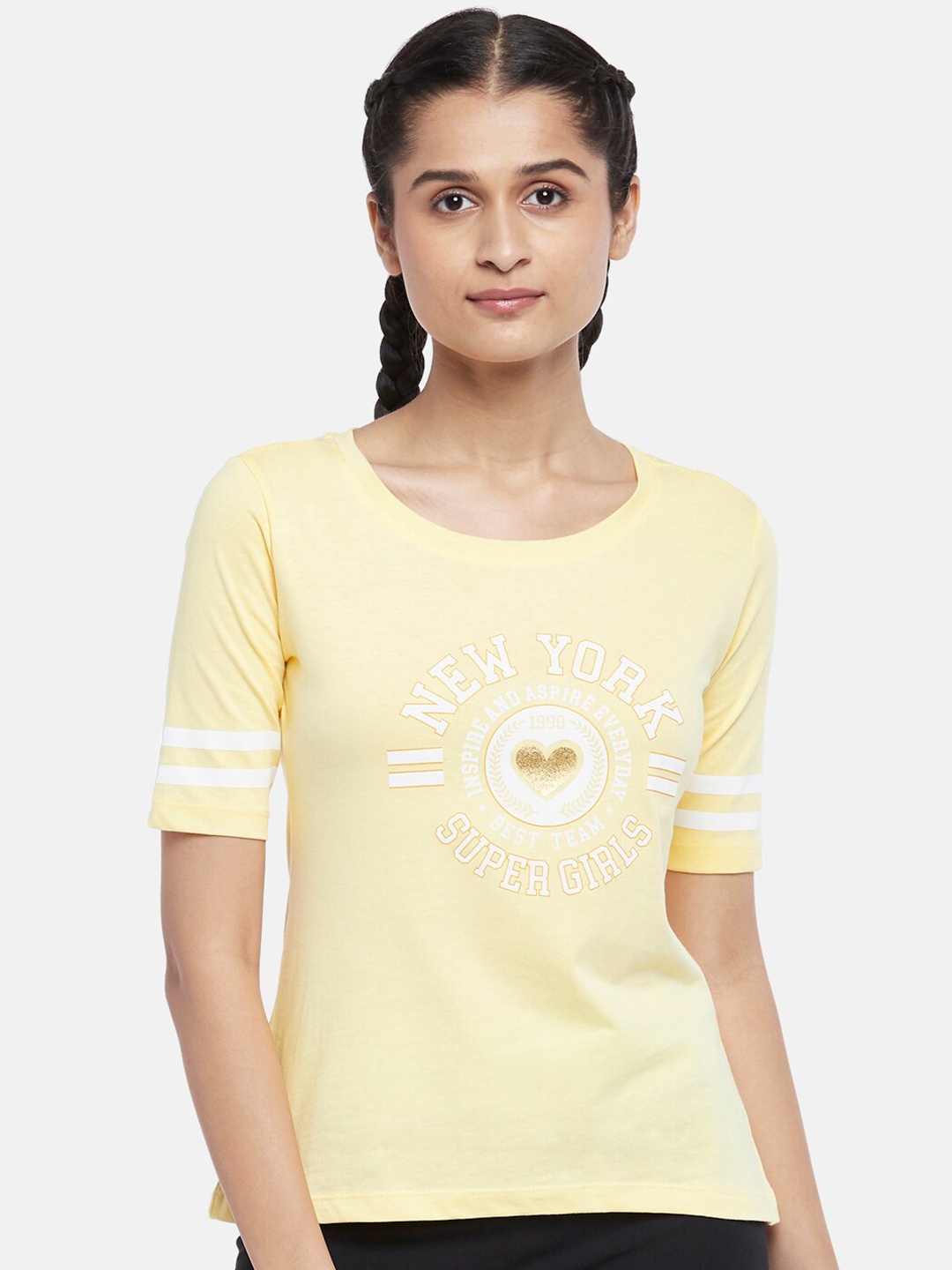 

Ajile by Pantaloons Women Yellow Typography Printed Outdoor Cotton T-shirt