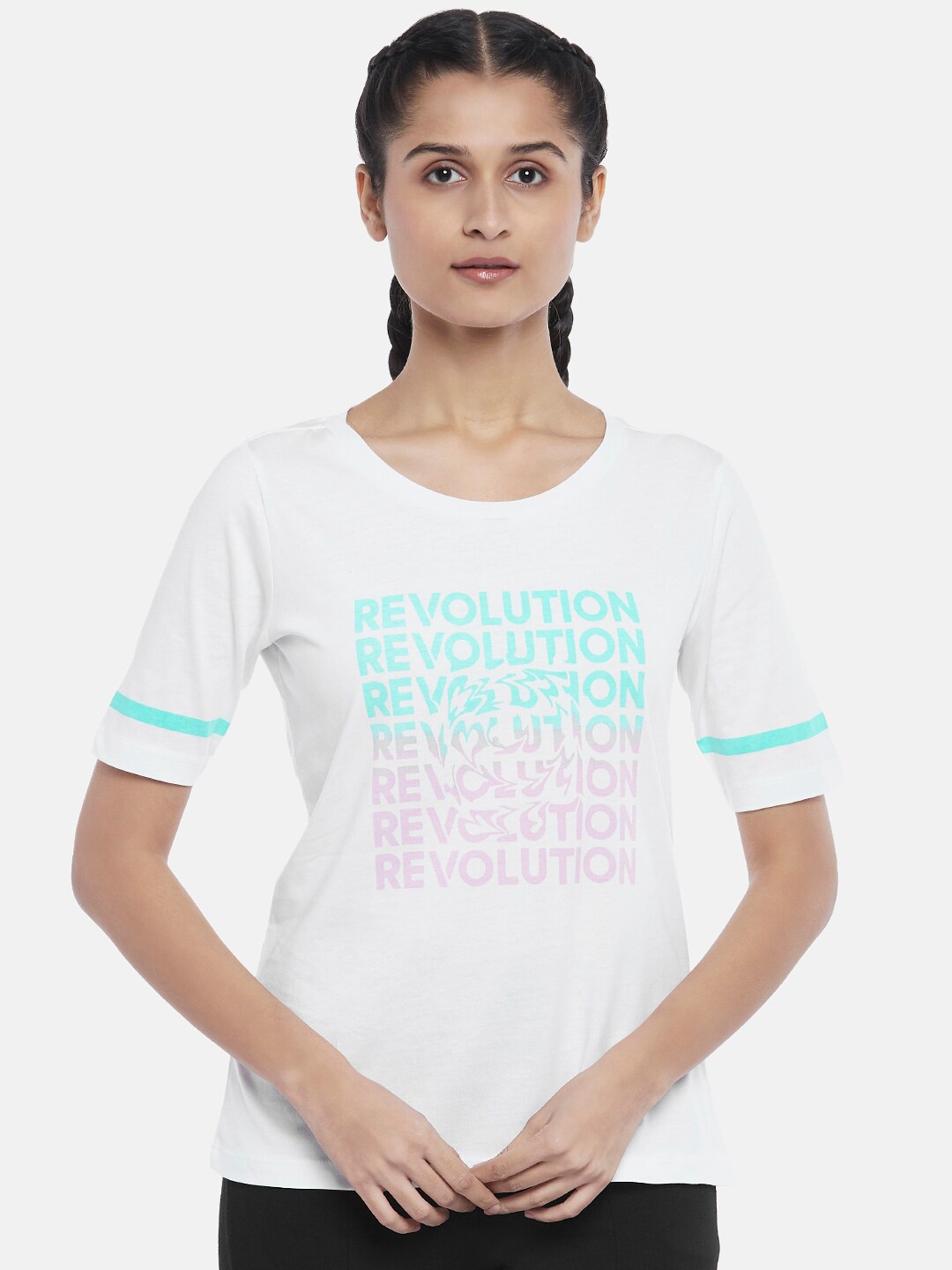 Ajile by Pantaloons Women White Printed Outdoor Sports T-shirt
